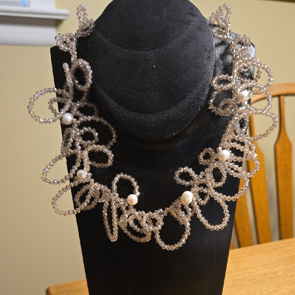 Elegant Freshwater Pearl and Champagne Crystal Beaded Necklace